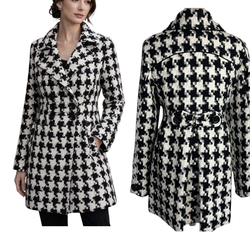 Vtg Candies Y2K Houndstooth Double Breasted Coat sz L Black White Wool Bow 2000